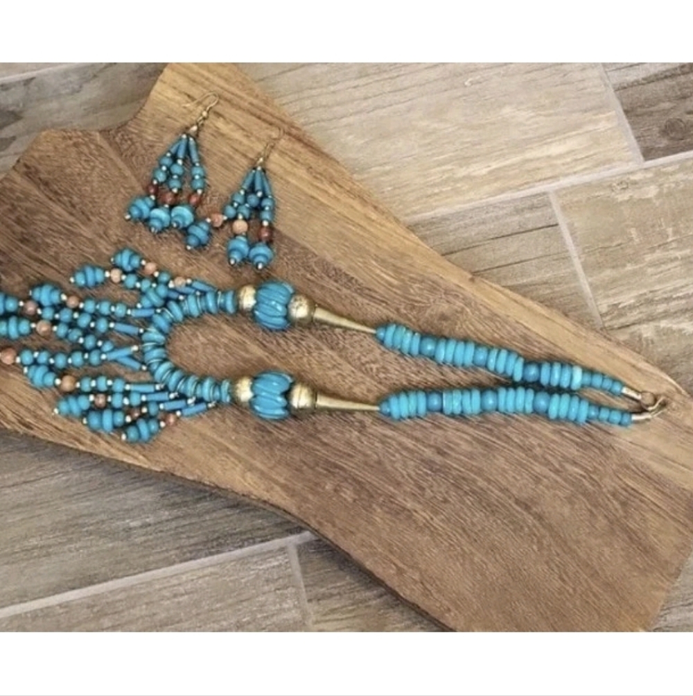 Vintage Turquoise Stone Beaded Cleopatra Statement Necklace & Earrings Set - Picture 5 of 12